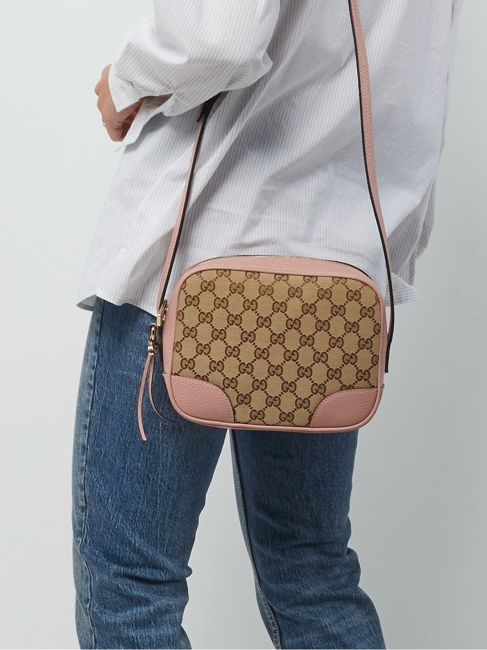 Gucci Bree Beige Canvas Crossbody with Pink Leather Trim